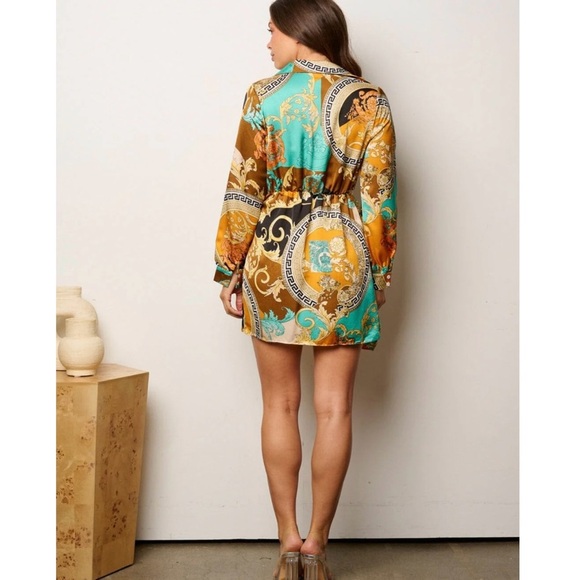 Women Baroque Print Muliti Patterned Button Down Mini Wrap Tied Stain Dress - Picture 2 of 8